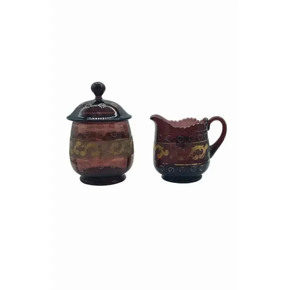 Antique Victorian Purple Glass Panel Gold Scrollwork Creamer & Sugar​​ - Picture 12 of 13